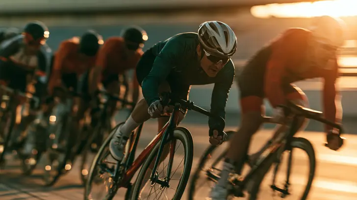 Pelotón de ciclistas tomando una curva en la pista al atardecer